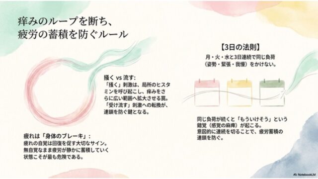 円形のループイラストと3つのカレンダーアイコンを添えて、「掻くvs流す」の切り替えと「3日の法則」を説明したスライド。