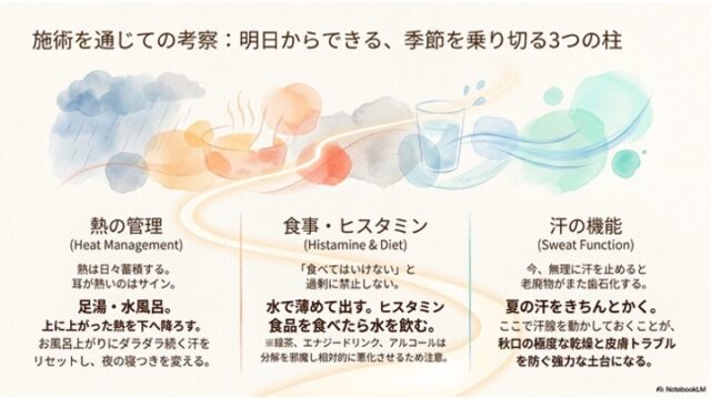 雨雲・足湯・水グラスのイラストとともに、熱の管理・食事とヒスタミン・汗の機能という明日からできる3つの習慣と対策をまとめたスライド。