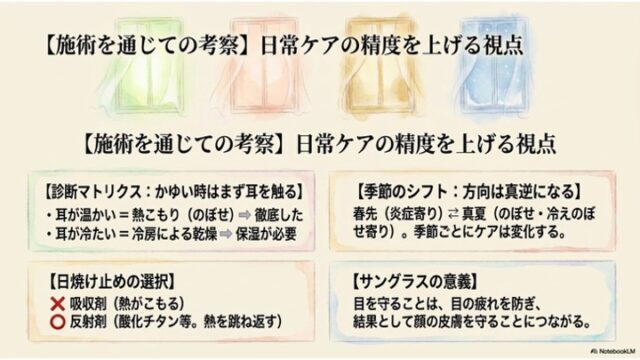 4つの窓と手のひらの上の水滴のイラストとともに、耳の温度によるセルフ診断や日常ケアのまとめが記載されたスライド。