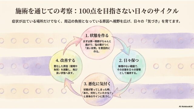 背景に紫、オレンジ、黄色の水彩の帯が横に走り、小さな白いドットが並んでいる。中央には、上・右・下・左に4つのパステルカラーの円（1. 状態を作る、2. 日々保つ、3. 悪化に気付く、4. 改善する）が配置され、それぞれが虹色のグラデーションの矢印で時計回りに循環するサイクル図を形成している。