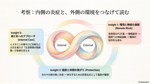 中央に「Internal」と「External」を結ぶ無限ループの図。周囲に3つの考察があり、リモートワークによる神経過敏、防衛反応としての脂肪蓄積、生活環境の微調整について記されている。