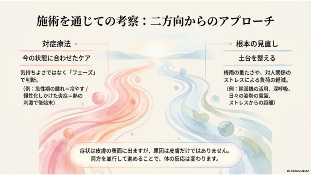 二方向の流れのイラストを背景に、対症療法と根本的な生活習慣の見直しの両方を並行して進める重要性を説くスライド。