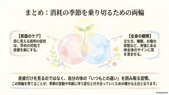 重なり合う2つの円から双葉が伸びるイラストを中心に、「表面のケア」と「全身の観察」という2つのアプローチの重要性を説明する、まとめのスライド。