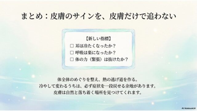 青いグラデーション背景にチェックリストの枠（耳の冷たさ、呼吸の楽さ、緊張の抜け具合）が中央に配置され、その下にまとめのメッセージが書かれた「まとめ：皮膚のサインを、皮膚だけで追わない」というタイトルのスライド。