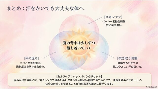 3つのカラフルな円が交差するベン図の中心に、暖かい太陽のイラストが描かれたデザイン。それぞれの円に「スキンケア」「体の巡り」「拭き取り習慣」のラベルがあり、下部には蒸しタオル（ホットパック）を使ったセルフケアのヒントが書かれたまとめスライド。