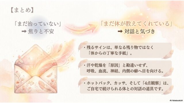 淡いベージュの背景。上部には「焦りと不安」から「対話と気づき」へのマインドの転換を示す矢印。左下には光が溢れ出るピンク色の封筒のイラスト。右側には「体からの丁寧な手紙」「呼吸、血流、神経へ目を向ける」「体との対話の道具」といった3つの要点を記した横長のベージュ色カード。