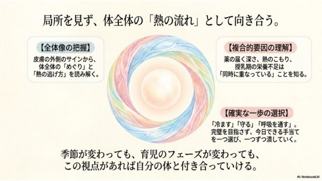 美しい4色の渦巻き円形イラストの周りに、「全体像の把握」「複合的要因の理解」「確実な一歩の選択」の3つのポイントが書かれ、全体のまとめを提示しているスライド。