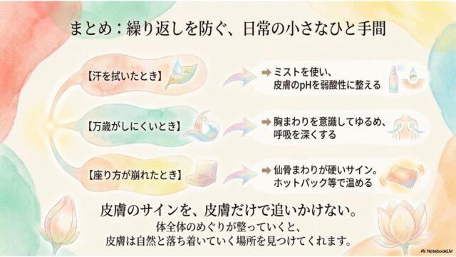 日常生活の3つの場面（汗、万歳のしにくさ、座り方の崩れ）に応じた具体的なセルフケアをイラスト付きのフローで示し、下部に蓮の花のイラストと「皮膚のサインを、皮膚だけで追いかけない」というメッセージを配したまとめのスライド。