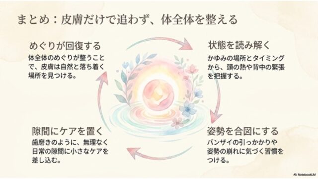 中央の花々に囲まれて光る円形の水彩イラストを囲むように、4つの矢印が時計回りに円を描き、それぞれのプロセス（めぐりが回復する、状態を読み解く、姿勢を合図にする、隙間にケアを置く）をまとめた循環図のスライド。