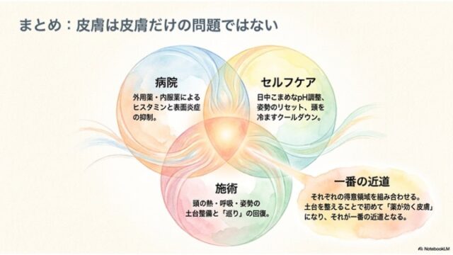 まとめ：皮膚は皮膚だけの問題ではない」という見出し。スライド中央に「病院」「セルフケア」「施術」の役割を示した水彩風のベン図があり、右下に「一番の近道」としてそれらを組み合わせる重要性を説いたオレンジ色の吹き出しがあるスライド。