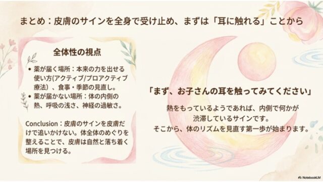 「まとめ：皮膚のサインを全身で受け止め、まずは『耳に触れる』ことから」というタイトルのもと、左側に「全体性の視点」のまとめテキスト、右側に大きなピンクの三日月と太陽のイラスト、そして「まず、お子さんの耳を触ってみてください」というメッセージが書かれたスライド。