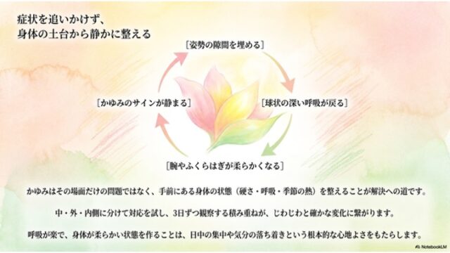 中央に淡いグラデーションの蓮の花があり、その周囲を「姿勢の隙間を埋める」「深い呼吸が戻る」「体が柔らかくなる」「かゆみが静まる」という4つのステップの循環矢印が取り囲み、下部には全体のまとめ文章が配置されたスライド。