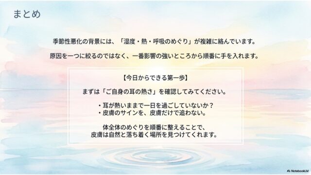 水面の波紋背景に、まとめのテキストと【今日からできる第一歩】として耳の熱さ確認を促すメッセージが書かれたスライド。