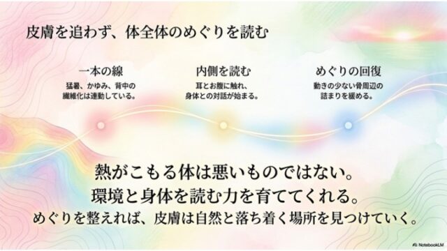 皮膚を追わず、体全体のめぐりを読む」というタイトルのもと、3つの観察ポイントと、体のめぐりを整えることの大切さを伝えるメッセージが書かれたまとめのスライド。