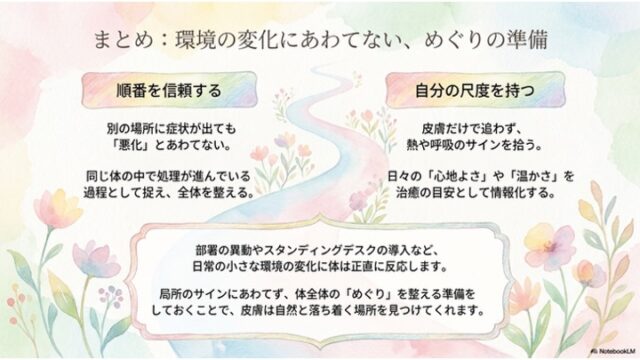 皮膚の症状を全身の循環の現れとして捉え、耳の温度確認など具体的なセルフケアで内部のめぐりを整える大切さをまとめた締めくくりのスライド。