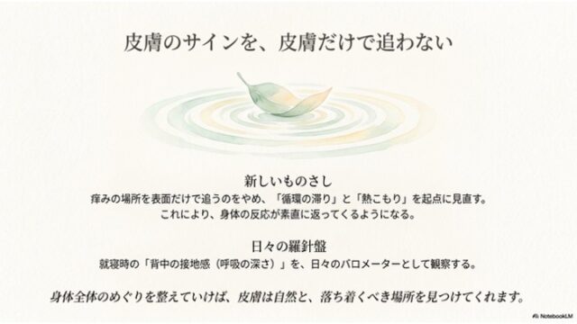 水面に浮かぶ葉のイラストとともに「新しいものさし」「日々の羅針盤」および全体のまとめメッセージが書かれたスライド。