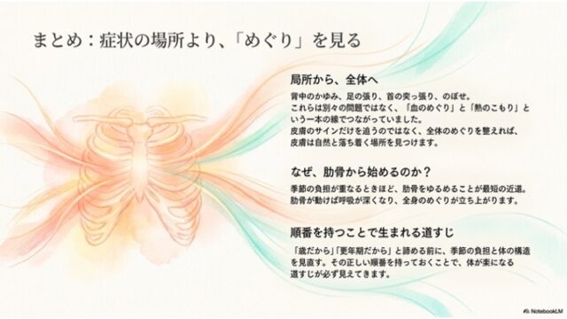 彩風の肋骨グラフィックと、全体のめぐり・肋骨ケアの重要性・正しいアプローチ手順についてのまとめテキストが掲載されたスライド。
