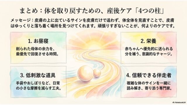 中央背景に日の出と流れる波、真珠のイラスト。その周りに「1. お昼寝」「2. 栄養」「3. 低刺激な道具」「4. 信頼できる伴走者」の4つの解説テキストボックスが四隅に配置されています。