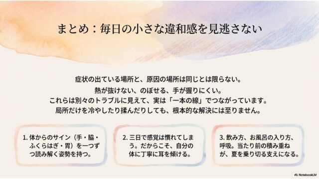 記事の総括文章と、下部に3つの重要メッセージカードが並んだ「まとめ」スライド。