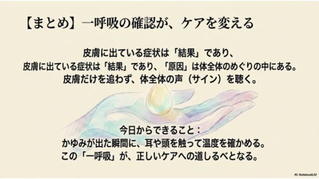 水滴を包み込む手のイラストとともに、皮膚の症状と体全体のめぐりの関係や今日からできるセルフケアが記載されたまとめスライド。
