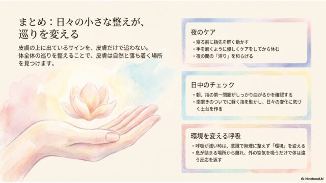 左側に、手のひらの上にピンクのハスの花が浮かんでいる優しい水彩画。その上にタイトルと「体全体の巡りを整えることで…」というまとめの文章が配置されている。右側には、上から「夜のケア」（ピンク枠）、「日中のチェック」（青枠）、「環境を変える呼吸」（紫枠）と書かれた3つの角丸のメモ帳風カードが縦に並んでいる。右下には「NotebookLM」のロゴ。