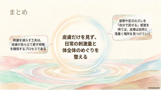 「まとめ」という見出し。中央の光る円の中にメインメッセージがあり、その両側に「刺激を減らす工夫」と「足元のズレを自分で戻す感覚」という2つの吹き出しが配置されている。背景は水面のような波紋が描かれている。