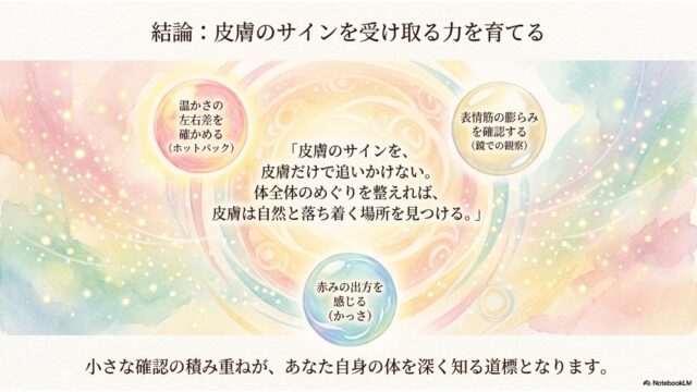 光り輝くパステル調の背景。中央に「皮膚のサインを、皮膚だけで追いかけない」というメッセージ。周囲にホットパック、鏡での観察、かっさによる確認方法を記した3つの円形アイコン。