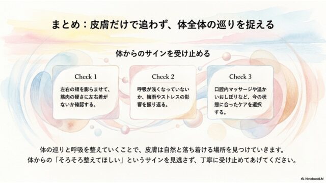 頬の硬さの確認」「呼吸と環境の振り返り」「適切なケアの選択」という3つのチェック項目がまとめられた、本ケーススタディの結論スライド。