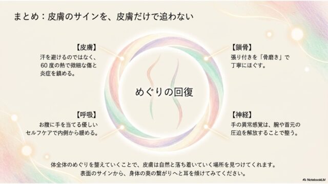 中央に虹色の円と人物のシルエット。四方に引き出し線が伸び、それぞれ「皮膚」「鎖骨」「神経」「呼吸」に関するまとめの言葉が書かれている。