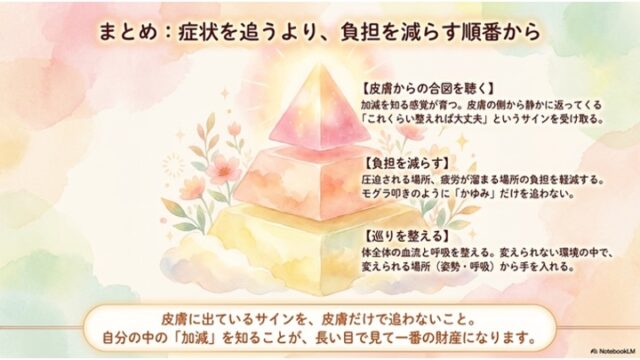 3段のパステルカラーのピラミッドイラストを中心に配置し、右側に「皮膚からの合図を聴く」「負担を減らす」「巡りを整える」の説明、下部にまとめのメッセージが書かれたスライド。