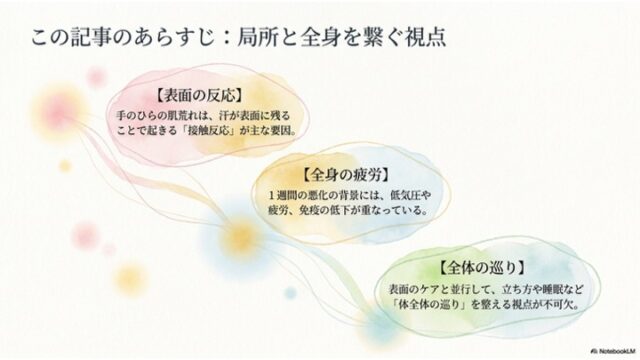 この記事のあらすじ：局所と全身を繋ぐ視点」というタイトルの下に、「表面の反応」「全身の疲労」「全体の巡り」について解説した3つの水彩風の丸いテキストエリアが対角線上に並ぶスライド。