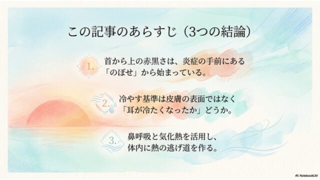 水色のグラデーション背景に太陽のイラストがあり、「この記事のあらすじ（3つの結論）」という見出しのもと、1から3までの結論（「のぼせ」「耳が冷たくなったか」「鼻呼吸と気化熱」）が箇条書きで記載されているスライド。