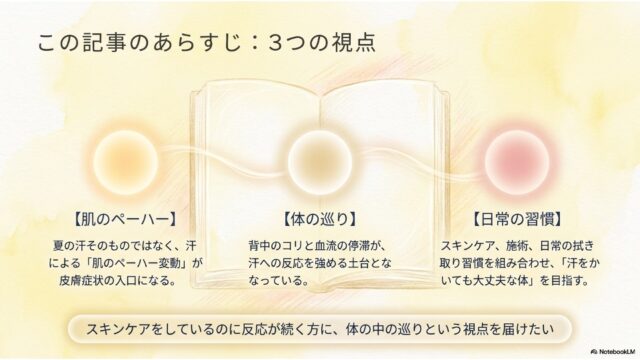 開かれた本のイラストを背景に、オレンジ、白、ピンクに光る3つの球体が横に並び、それぞれの下に「肌のペーハー」「体の巡り」「日常の習慣」の解説テキストが配置されたスライド。