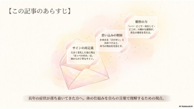 淡いベージュの和紙風の背景。左上に「【この記事のあらすじ】」のタイトル。左下から中央にかけて開いたピンク色の封筒のイラストがあり、そこから羽や光が舞い上がっている。その流れに沿って「サインの再定義」「思い込みの解除」「観察の力」という文字が書かれた3つの白いカードが斜めに並んでいる。下部には暗い横帯と案内文。