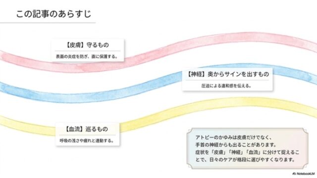 水彩風のピンク、水色、黄色の曲線に沿って、「皮膚（守るもの）」「神経（奥からサインを出すもの）」「血流（巡るもの）」の3つの要素を定義し、アトピーのかゆみをこれらの観点から分類・ケアすることを説明したスライド。