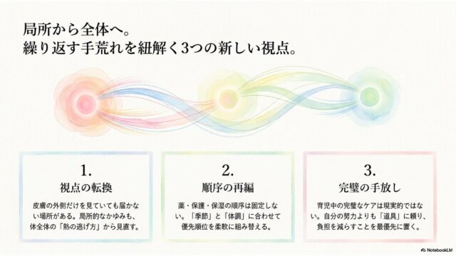 上部に「局所から全体へ。繰り返す手荒れを紐解く3つの新しい視点。」と書かれ、下に「視点の転換」「順序の再編」「完璧の手放し」という3つのポイントを解説したカードが並ぶスライド。