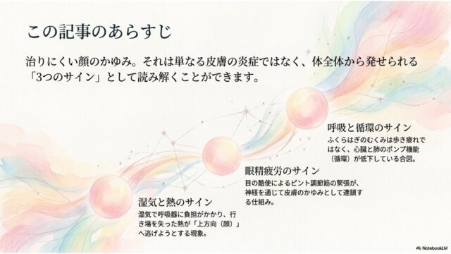 淡い水彩の虹色のラインが左下から右上へと伸び、その上に3つの光るピンクの球体が描かれている。それぞれの球体から、「湿気と熱のサイン」「眼精疲労のサイン」「呼吸と循環のサイン」に関する解説文が引き出されている。