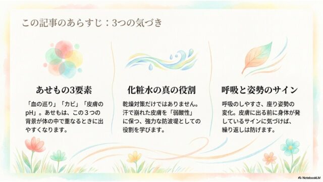 3つの列で構成されたスライド。左から「あせもの3要素（重なる色円）」、「化粧水の真の役割（風と水滴）」、「呼吸と姿勢のサイン（木の葉）」のイラストと、それぞれの概要を説明するテキストが並んでいます。