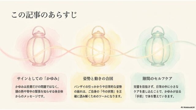 「この記事のあらすじ」という文字の下に、左からピンク、黄、緑に発光する3つの提灯のイラストと、それぞれのテーマ（サインとしての「かゆみ」、姿勢と動きの合図、隙間のセルフケア）を解説する3つのカラーボックスが並んだスライド。