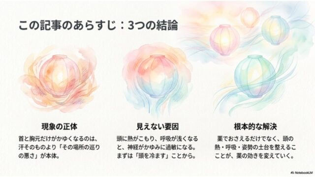 「この記事のあらすじ：3つの結論」という見出しの下に、それぞれ赤、青・ピンク、緑・青の水彩ランタンのイラストと、「現象の正体」「見えない要因」「根本的な解決」に関する解説テキストが並んだスライド。
