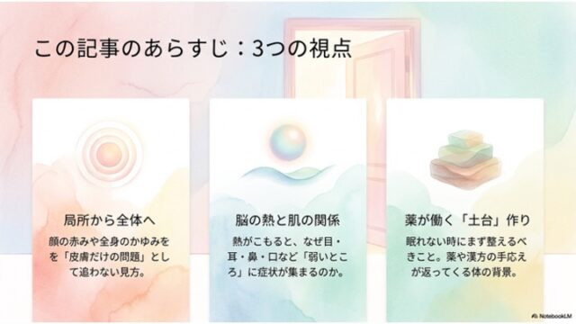 ドアが描かれた淡い水彩背景の前に3つの白いカードが並ぶスライド。各カードには異なる抽象的なイラストと、「局所から全体へ」「脳の熱と肌の関係」「薬が働く『土台』作り」という見出しおよび説明文が配置されている。