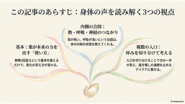 「この記事のあらすじ：身体の声を読み解く3つの視点」という見出しのもと、中央下部から広がる3つのカラフルな曲線のイラストと、それに連動して配置された3つのトピック（薬の使い方、内側の合図、痒みを切り分けるアイデア）が描かれたスライド。