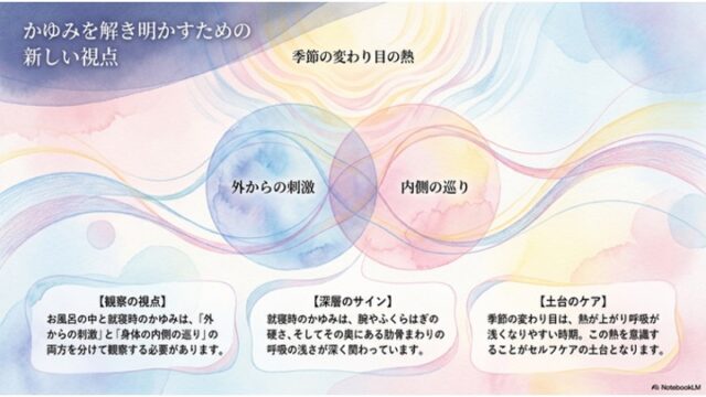 「外からの刺激」と「内側の巡り」が重なるベン図と、その上部に「季節の変わり目の熱」と書かれた図があり、下部には「観察の視点」「深層のサイン」「土台のケア」について説明する3つの白いテキストボックスが横並びになっているスライド。
