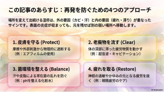 湿疹予防の4つのアプローチ（皮膚を守る、老廃物を流す、菌環境を整える、疲れを取る）をカード形式で整理した説明スライド