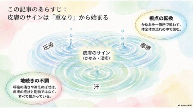 水滴と3つの重なる波紋のイラストを中心に、「圧迫」「摩擦」「汗」の重なりが「皮膚のサイン」を生むことを説明した概念図スライド。