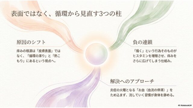中央の球体から3方向に広がるカラーラインとともに、「原因のシフト」「負の連鎖」「解決へのアプローチ」の3つの柱を説明した概念図スライド。