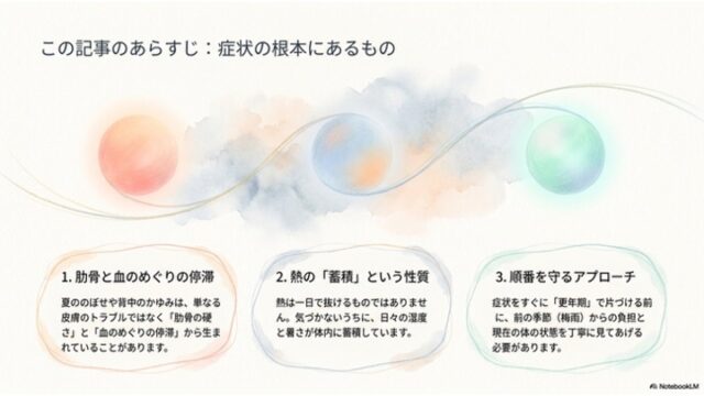 3つの球体イラストと囲み枠で、肋骨と血のめぐり、熱の蓄積、適切なアプローチ手順というあらすじの3ポイントを説明するスライド。