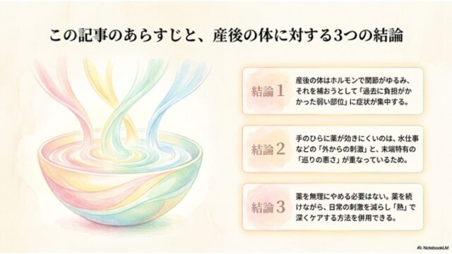 左側にカラフルな水彩風の器からパステルカラーの流れが上に向かって伸びているイラスト。右側に「結論1」「結論2」「結論3」と書かれた3つの角丸テキストボックスが縦に並んでいます。