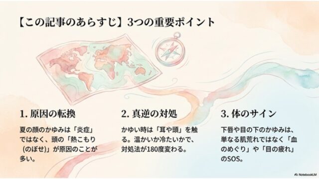 世界地図とコンパスのイラストの横に「原因の転換」「真逆の対処」「体のサイン」の3つの要点が記載されたあらすじスライド。