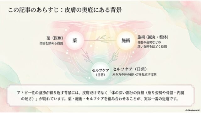 「薬」「施術」「セルフケア」の3つの円形要素が三角形に連携する図解と、それらを組み合わせる重要性を解説したテキストボックスで構成されたスライド。
